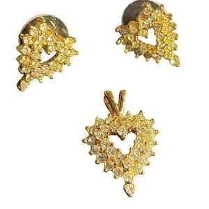 ROMAN Gold Heart w/ CZ's Pendant & Earrings Set Heart Shaped Pendant & Earrings
